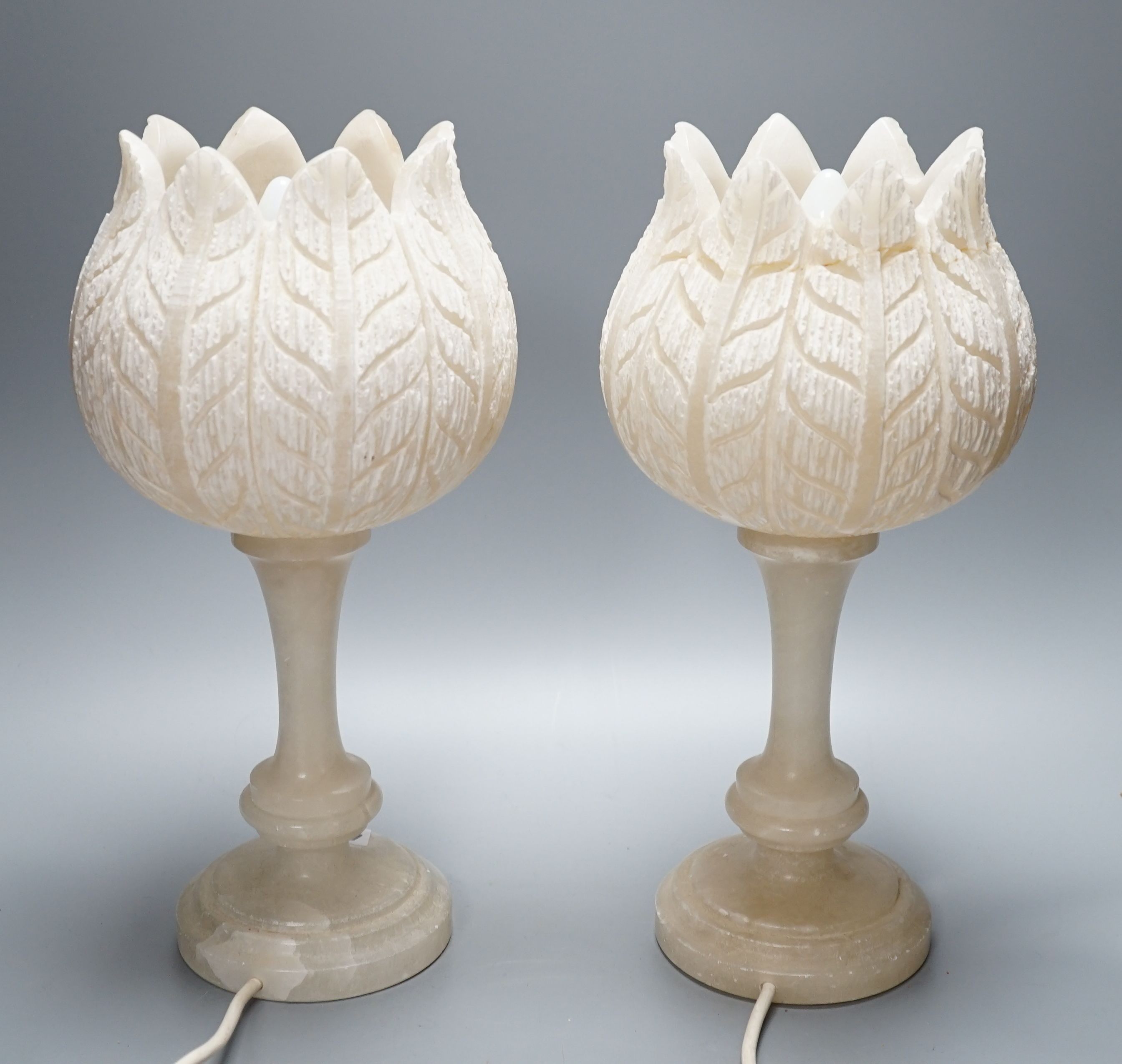 Pair of carved alabaster tulip lamps 38cm